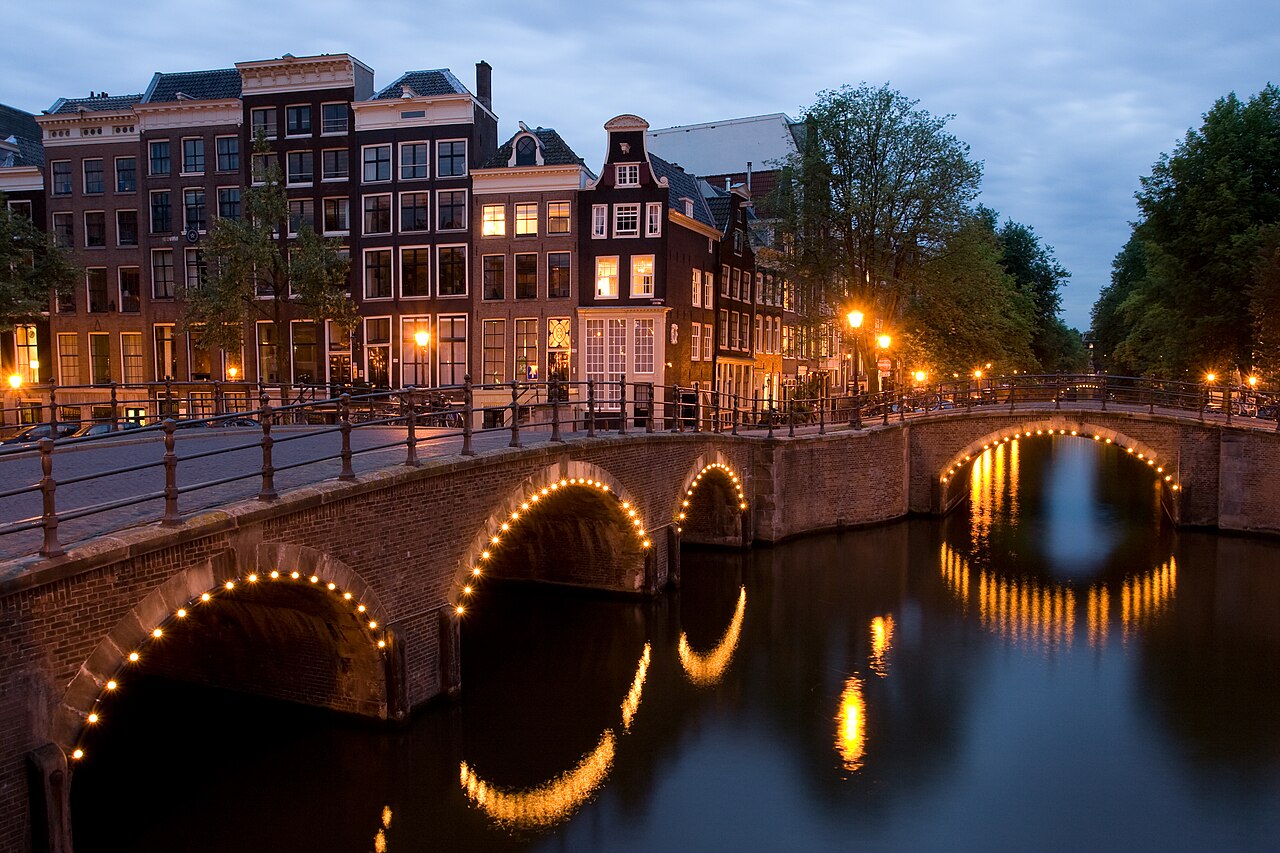 Amsterdam canal bridges at dusk